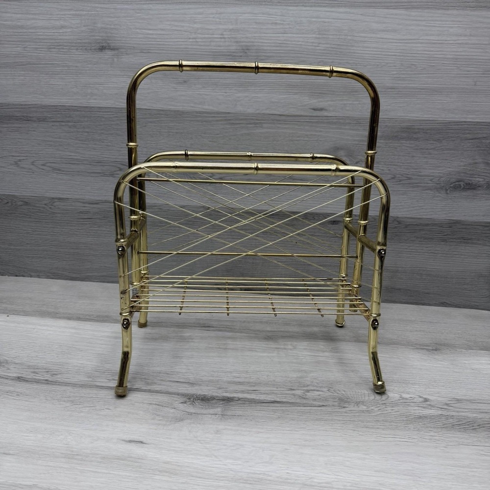 Vintage MCM Faux Bamboo Brass Magazine Record Rack Stand Hollywood Regency Style
